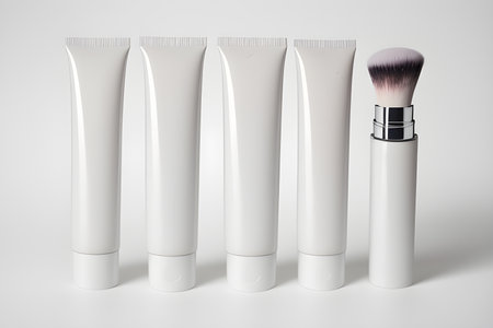 Jars and tubes of cosmetics, clean design for advertising, light background for cutting out objects without inscriptions and any textの写真素材