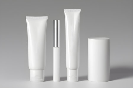 Jars and tubes of cosmetics, clean design for advertising, light background for cutting out objects without inscriptions and any textの写真素材