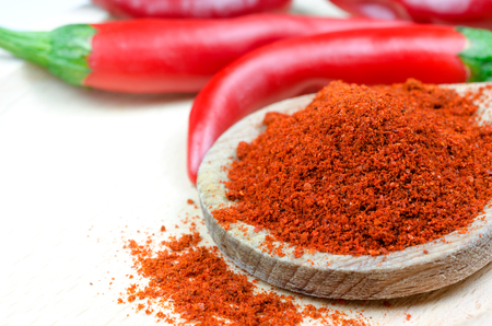 Red peppers in a wooden plate and red peppers powder in a wooden spoonの写真素材