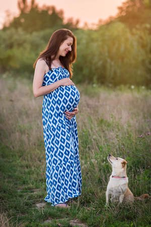 Beautifull pregnant woman in blue dress and her dog pet togheter outdoorの写真素材