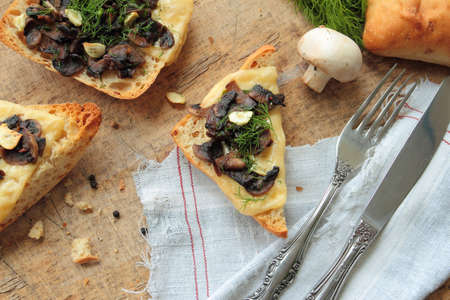 Bruschetta with fresh mushrooms, cheese, garlic and fennelの写真素材