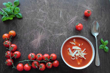 Homemade tomato cream soup with tasty macaroniの写真素材