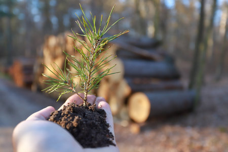 planting a forest and reforestation concept - hands holding pine tree seedling. banner copy spaceの写真素材