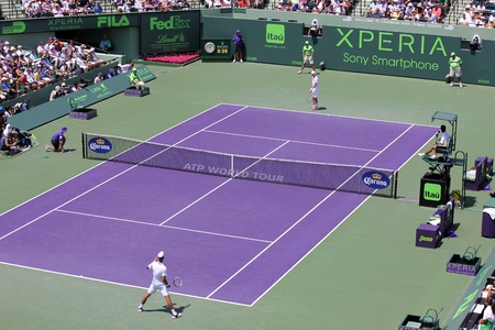MIAMI, USA - APRIL 1: Novak Djokovic at the final match at Sony Ericsson Open in Miami, USA at April 1, 2012.  Djokovic defeating Andy Murray 6-1, 7-6(4) to triumph for the third time at Crandon Park.のeditorial素材