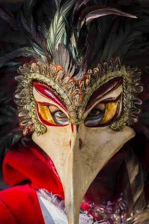 Venice, Italy, February 9, 2013: Unidentified person with traditional Venetian carnival mask in Venice, Italy at February 10, 2013. At 2013 it is held from January 26th to February 12th.のeditorial素材