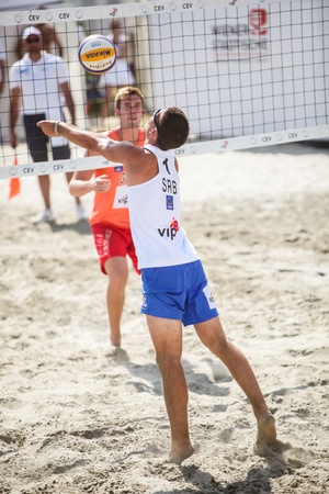 Novi Sad, Serbia - July 18, 2013: Djordje Klasnic from Serbia at 2013 CEV Beach Volleyball European Championship Novi Sad Masters in Novi Sad, Serbia at July 18, 2013.のeditorial素材