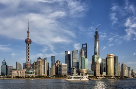 SHANGHAI, CHINA - JANUARY 24, 2014: View at skyscrapers in Lujiazui district in Shanghai. Currently,...