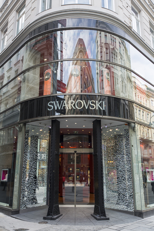 VIENNA, AUSTRIA - FEBRUARY 6, 2014: Swarovski shop in Vienna. It is an Austrian producer of luxury cut lead glass (crystal), founded at 1895.のeditorial素材