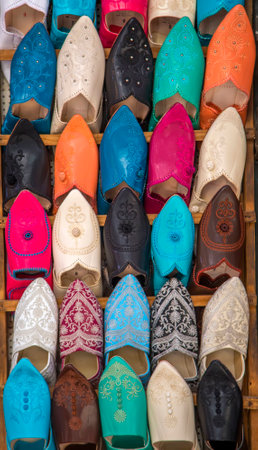 Colorful babiuches at souk in Marrakech, Moroccoの写真素材