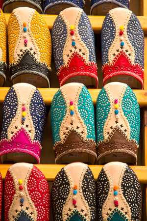 Colorful babiuches at souk in Fez, Moroccoの写真素材