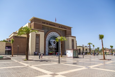 MARRAKESH, MOROCCO - SEPTEMBER 11, 2014: Unidentified people in front of train station in Marrakesh, Morocco. Train station was opened on August 10, 2008 and now is southern end-point of the Moroccan railway system.のeditorial素材