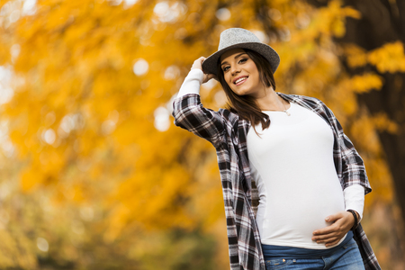 Young pregnant woman in the autumn parkの写真素材