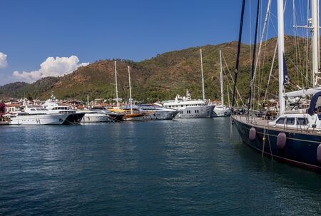 MARMARIS, TURKEY - SEPTEMBER 15, 2014: Yachts in the Marmaris port in Mugla province in Turkey. At 2013 more than 3 million tourists visited Mugla province.のeditorial素材