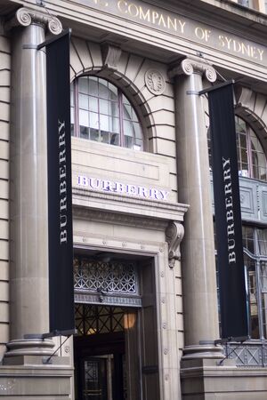 SYDNEY, AUSTRALIA - FEBRUARY 9, 2015: Detail of the Burberry store in Sydney, Australia. Burberry is a British luxury fashion house, distributing clothing, fashion accessories, fragrances and cosmetics founded at 1856.のeditorial素材