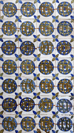 Traditional tiles from facade of old house in Lisbon, Portugalの写真素材
