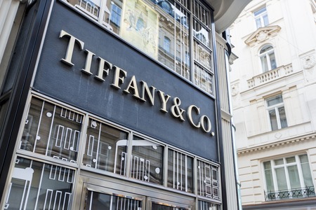 VIENNA, AUSTRIA - DECEMBER 9, 2014: Detail of Tiffany co. shop in Vienna, Austria. It  is an American multinational luxury jewelry and specialty retailer founded at 1837.のeditorial素材