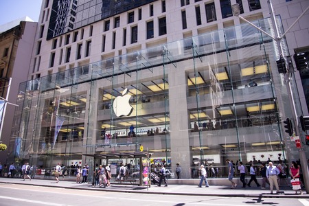 SYDNEY, AUSTRALIA - FEBRUARY 2, 2015: Detail from Apple shop in Sidney, Australia. Apple is American multinational corporation founded at 1976 at Cupertino, California.のeditorial素材