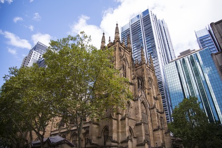 SYDNEY, AUSTRALIA - FEBRUARY 12, 2015: St.Andrew cathedral in Sydney, Australia. It was designed by Edmund Blacket andis the oldest cathedral in Australia.のeditorial素材