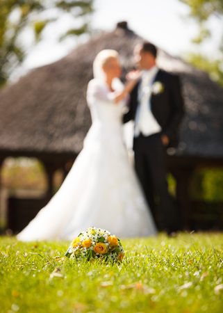 Wedding couple and flower bouquetの写真素材