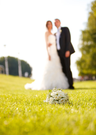 Wedding couple and flower bouquetの写真素材