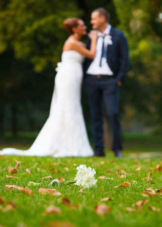 Wedding couple and flower bouquetの写真素材