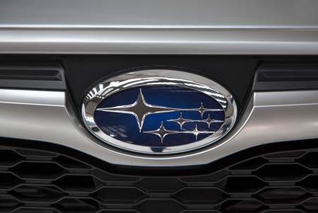 BELGRADE, SERBIA - MARCH 25, 2015: Detail of the Subaru car in Belgrade, Serbia. Subaru is the automobile manufacturing division of Japanese Fuji Heavy Industries founded at 1953.のeditorial素材