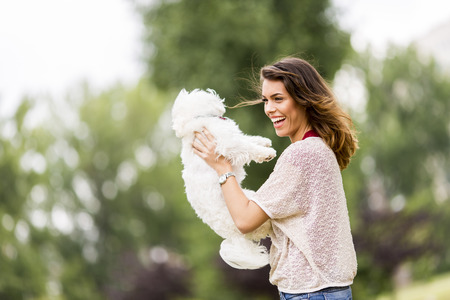 Young woman with a maltese dogの写真素材