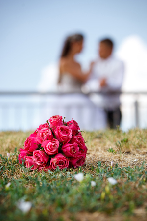 Wedding couple and flower bouquetの写真素材