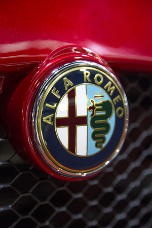 BELGRADE, SERBIA - MARCH 25, 2015: Detail of the alfa Romeo car in Belgrade, Serbia. Alfa Romeo Automobiles S.p.A. is an Italian luxury car manufacturer founded at 1910.のeditorial素材