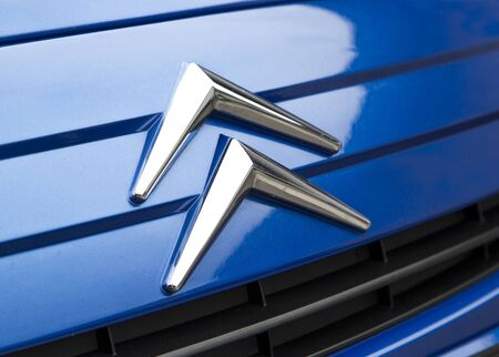 BELGRADE, SERBIA - APRIL 23, 2014: Detail of the Citroen car in Belgrade, Serbia. Citroen is French automobile manufacturer founded at 1919 and is part of the PSA Peugeot Citroen group since 1976.のeditorial素材