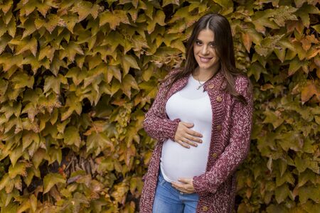Young pregnant woman in the autumn parkの写真素材