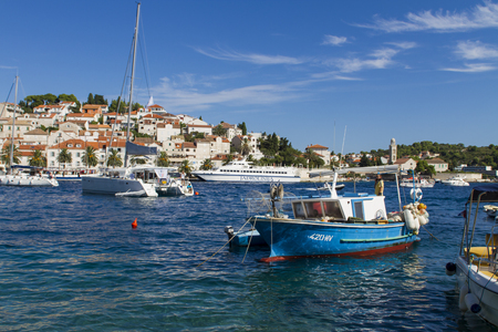 HVAR, CROATIA - JUL 1, 2014: Boats at marina in Hvar, Croatia. Hvar is one of the most popular and most visited destination in Croatia.のeditorial素材
