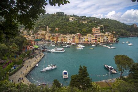 PORTOFINO, ITALY - MAY 2, 2015: View at port in Portofino, Italy. Portofino is an Italian fishing village and vacation resort famous for its picturesque harbour.のeditorial素材