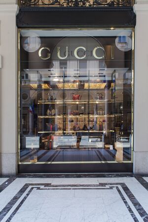 TURIN, ITALY - JUNE 3, 2015: Gucci shop in Turin, italy. Gucci is an Italian fashion and leather goods brand founded at 1921.のeditorial素材