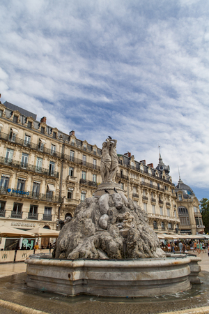 MONTPELLIER, FRANCE - JULY 13, 2015: The three graces fountain at Place de la Comedie. Fountain Three Graces, built by sculptor Etienne d'Antoine in 1790.のeditorial素材