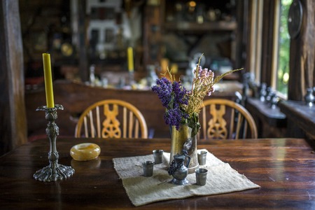 View of the setting on a table in a restaurantの写真素材