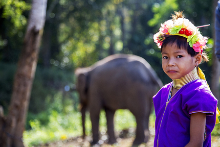 CHIANG MAI, THAILAND - FEBRUARY 02, 2016: Unidentified girl from Karen Long Neck Village near Chiang Mai, Thailand. This village is a part of very popular Hill tribe tourism in Thailand.のeditorial素材