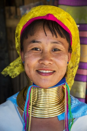 CHIANG MAI, THAILAND - FEBRUARY 01, 2016: Unidentified woman from Karen Long Neck Village near Chiang Mai, Thailand. This village is a part of very popular Hill tribe tourism in Thailand.のeditorial素材