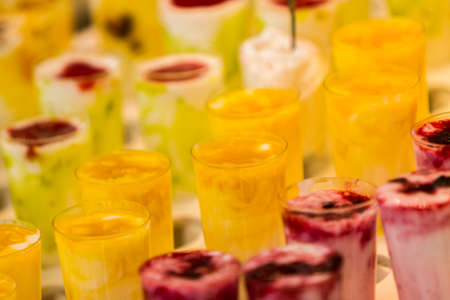 Close view of the fruit yogurts made of mangoの写真素材