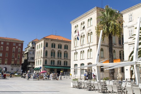 SPLIT, CROATIA - AUGUST 31, 2014: Tourists on the Riva (sea promenade) on a summer day. Split is popular touristic coastal destination in Croatia.のeditorial素材