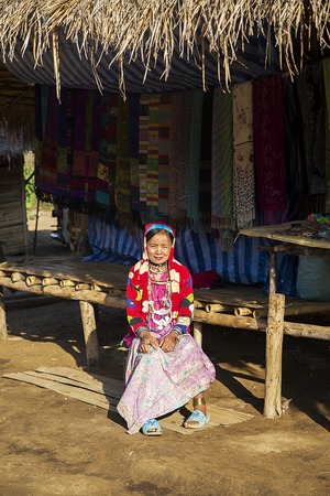 CHIANG MAI, THAILAND - FEBRUARY 02, 2016: Unidentified girl from Karen Long Neck Village near Chiang Mai, Thailand. This village is a part of very popular Hill tribe tourism in Thailand.のeditorial素材