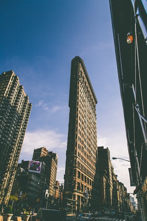 NEW YORK, USA - MAY 4, 2016: Flat Iron building facade in New York City. Completed in 1902, it is considered to be one of the first skyscrapers ever built.のeditorial素材