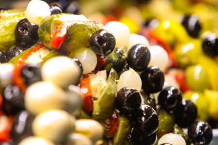Olive salad at typical spanish food marketの写真素材