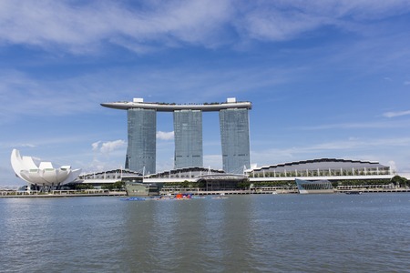 SINGAPORE - AUGUST 6, 2014: View at Marina Bay Sands hotel in Singapore. It is the world's second most expensive building, at 5.5 billion USD.のeditorial素材