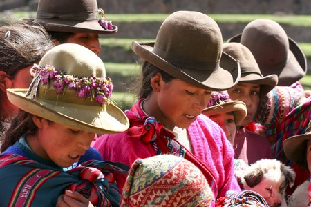 PISAC, PERU - MARCH 5, 2006: Unidentified people at Inca citadel in Sacred Valleyl near Pisac in Peru. Sacred Valley of the Incas is a valley in the Southern Sierra that contains many famous and beautiful Inca ruinsのeditorial素材