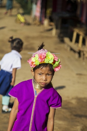 CHIANG MAI, THAILAND - FEBRUARY 02, 2016: Unidentified girl from Karen Long Neck Village near Chiang...