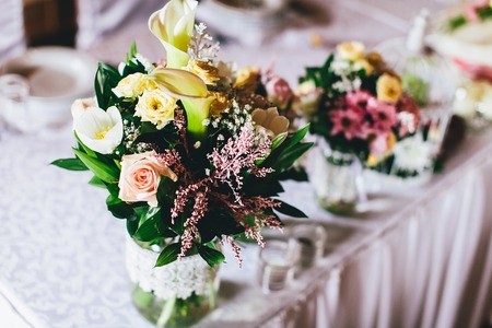 Close view of the wedding decoration on a tableの写真素材