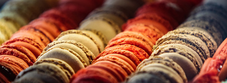 Traditional french colorful macarons in a rows in a boxの写真素材