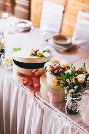 Close view of the wedding decoration on a tableの写真素材