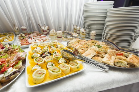 View at various food on the table, a lot of cold snacks on buffet table, catering